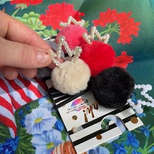 NWT Mwah! 5 Faux Fur Pom Pom Pearl Crown Ponytail Holders Hair Ties Accessories